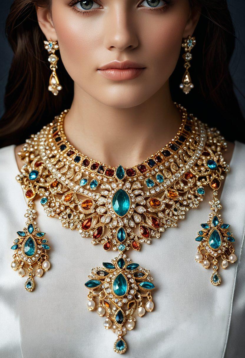 A luxurious display of exquisite Bacelo designs showcasing intricate, sparkling jewelry pieces arranged on a soft velvet backdrop. Incorporate elegant floral elements subtly woven around the jewelry to symbolize beauty and sophistication. Use a warm, inviting color palette that radiates elegance, with a soft glow highlighting the details of each piece. Artfully capture the essence of sophistication with hints of glamour in the atmosphere. super-realistic. vibrant colors. soft focus.