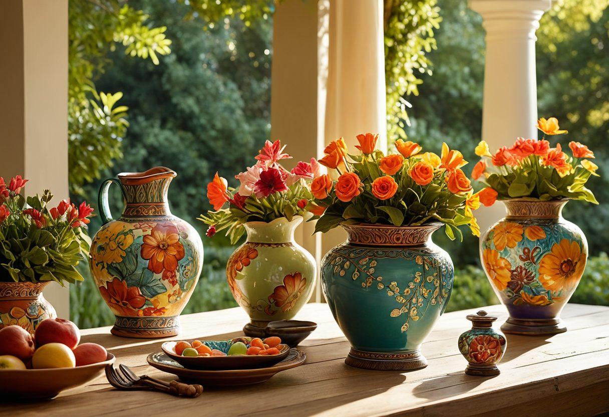 A beautifully arranged display of the Bacelo Collection featuring elegant pottery, delicate fabrics, and intricate sculptures, all set in a sunlit, enchanting garden. Incorporate soft, flowing elements like wispy curtains and blooming flowers that evoke a sense of grace and tranquility. Capture the play of light and shadow to create a whimsical atmosphere. super-realistic. vibrant colors. natural lighting.