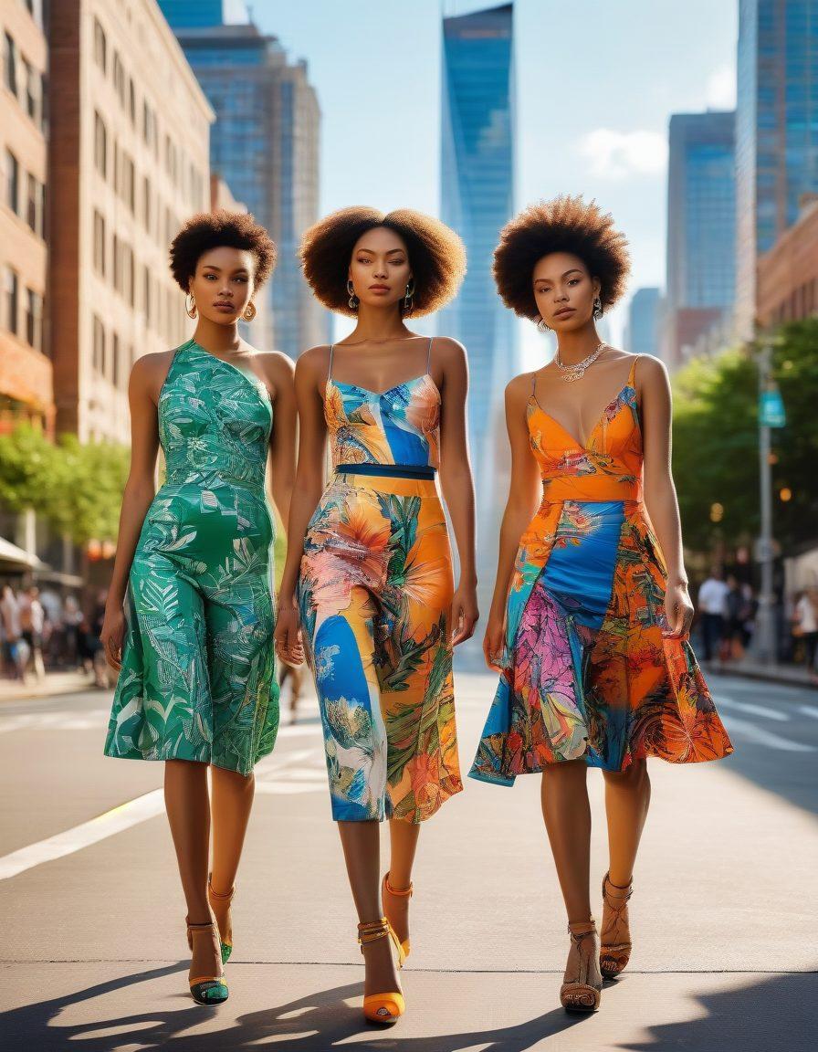 A stylish urban scene featuring a diverse group of models showcasing unique Bacelo designs, adorned with modern patterns and textures standing in front of a vibrant city backdrop. Integrate elements of nature, such as greenery and flowers, harmoniously blending with the fashion-forward outfits. Capture the essence of elegance and creativity in each design, highlighting the intersection of street style and high fashion. Incorporate soft sunlight for a warm glow enhancing the aesthetic appeal. super-realistic. vibrant colors. city background.